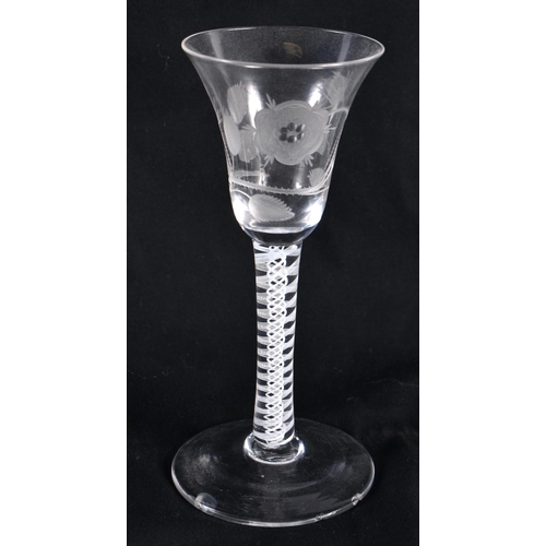 770 - FOUR ANIQUE WINE GLASSES three with spiral twists. Largest 22.5 cm high. (4)