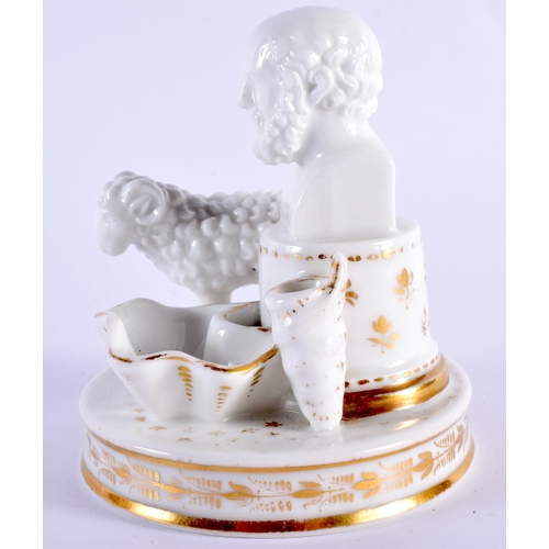 79 - A VERY RARE EARLY 19TH CENTURY ENGLISH PORCELAIN INKWELL formed with a bust of a male beside a ram. ... 