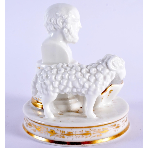 79 - A VERY RARE EARLY 19TH CENTURY ENGLISH PORCELAIN INKWELL formed with a bust of a male beside a ram. ... 