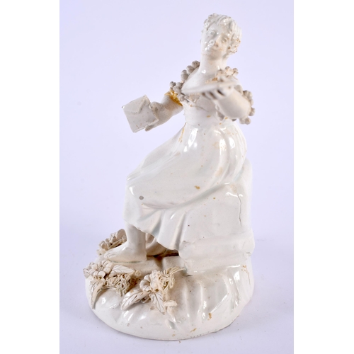 83 - AN 18TH CENTURY CONTINENTAL CREAMWARE TYPE FIGUE modelled as a female holding a letter. 11.5 cm high... 