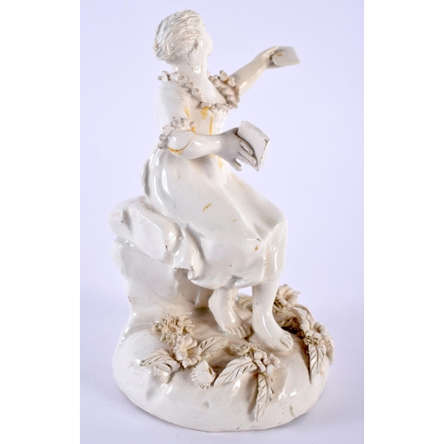 83 - AN 18TH CENTURY CONTINENTAL CREAMWARE TYPE FIGUE modelled as a female holding a letter. 11.5 cm high... 