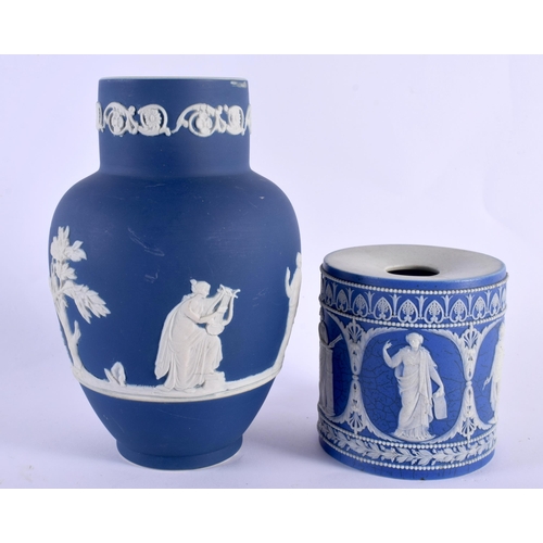 88 - AN EARLY 19TH CENTURY ENGLISH BLUE JASPERWARE CYLINDRICAL VESSEL together with a Tunstall jasperware... 