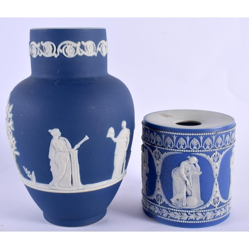 88 - AN EARLY 19TH CENTURY ENGLISH BLUE JASPERWARE CYLINDRICAL VESSEL together with a Tunstall jasperware... 