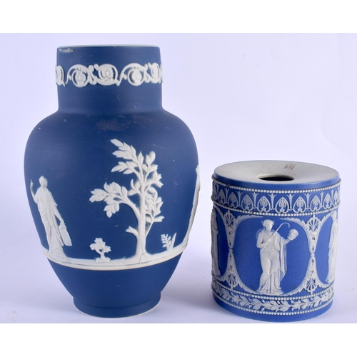 88 - AN EARLY 19TH CENTURY ENGLISH BLUE JASPERWARE CYLINDRICAL VESSEL together with a Tunstall jasperware... 