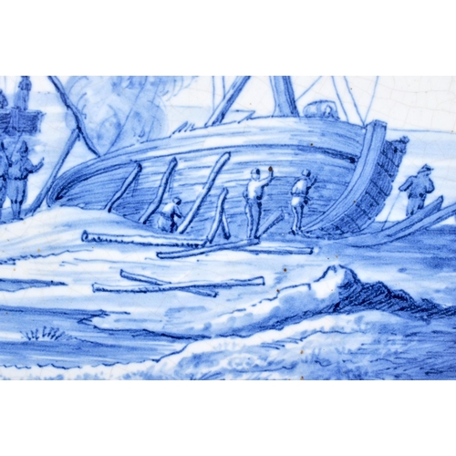 91 - A LARGE DUTCH DELFT POTTERY BLUE AND WHITE PLAQUE painted with boating scenes. 36 cm x 28 cm.