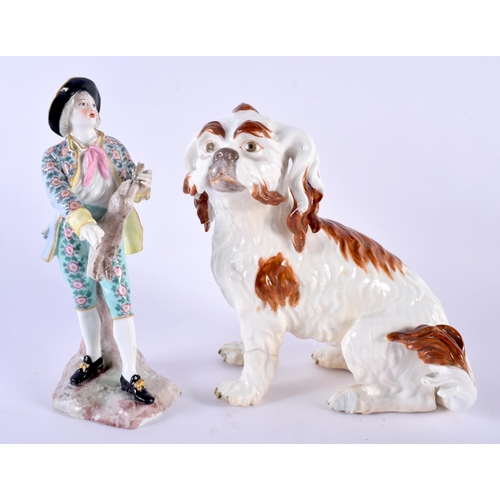 93 - A 19TH CENTURY GERMAN PORCELAIN FIGURE OF A PEKANESE DOG together with a Sitzendorf figure. Largest ... 