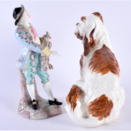 93 - A 19TH CENTURY GERMAN PORCELAIN FIGURE OF A PEKANESE DOG together with a Sitzendorf figure. Largest ... 