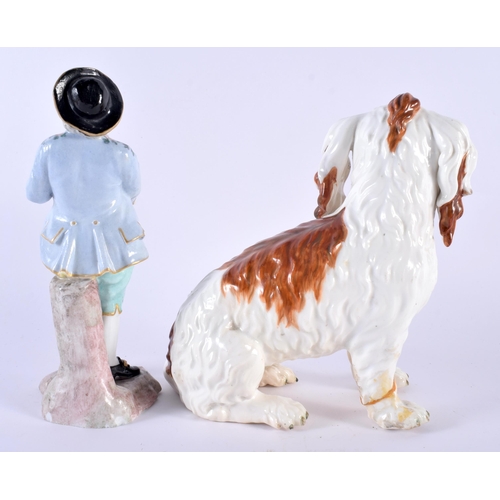 93 - A 19TH CENTURY GERMAN PORCELAIN FIGURE OF A PEKANESE DOG together with a Sitzendorf figure. Largest ... 