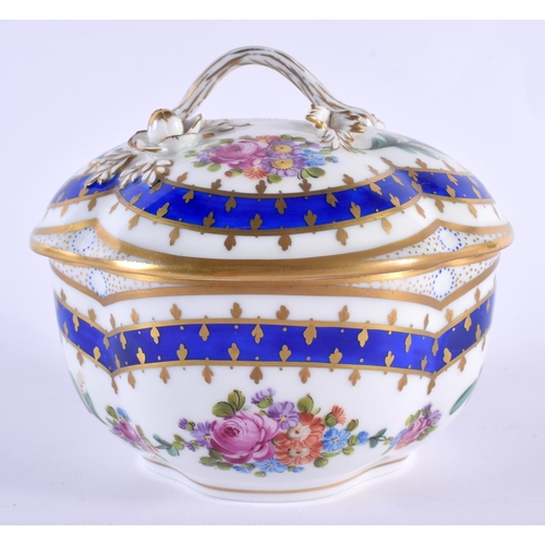 98 - A GERMAN DRESDEN PORCELAIN SUGAR BOWL AND COVE painted with flowers. 12 cm x 10 cm.