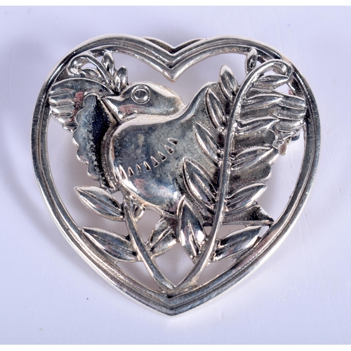 1752 - A Silver Heart Brooch with a Bird in the Centre.  Stamped Sterling.  3.2cm x 3.2cm, weight 9.2g