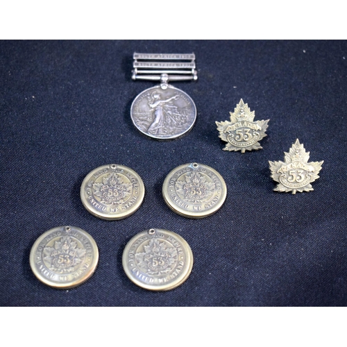 3083 - A South African Campaign medal 1901/2 together Canadian 53 overseas Battalion badges (7).