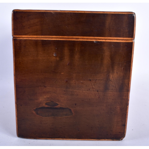 10 - A GEORGE III MAHOGANY RECTANGULAR FORM TEA CADDY inlaid with shells to top and front, the interior w... 