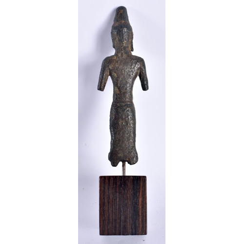 104 - A 14TH/15TH THAI BRONZE FIGURE OF A BUDDHA modelled upon a fitted wood base. 14 cm high.