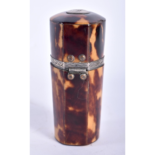 111 - A RARE REGENCY CARVED TORTOISESHELL CASED GLASS SCENT BOTTLE with engraved silver mounts. 6.5 cm x 3... 