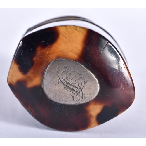 111 - A RARE REGENCY CARVED TORTOISESHELL CASED GLASS SCENT BOTTLE with engraved silver mounts. 6.5 cm x 3... 