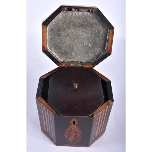 12 - AN UNUSUAL GEORGE III MAHOGANY HEXAGONAL TEA CADDY with walnut banding, the top decorated with a mot... 