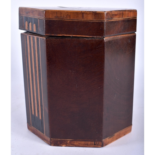 12 - AN UNUSUAL GEORGE III MAHOGANY HEXAGONAL TEA CADDY with walnut banding, the top decorated with a mot... 