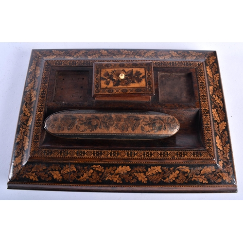 122 - A LARGE 19TH CENTURY TUNBRIDGEWARE RECTANGULAR FORM DESK STAND decorated all over with acorn leaves,... 