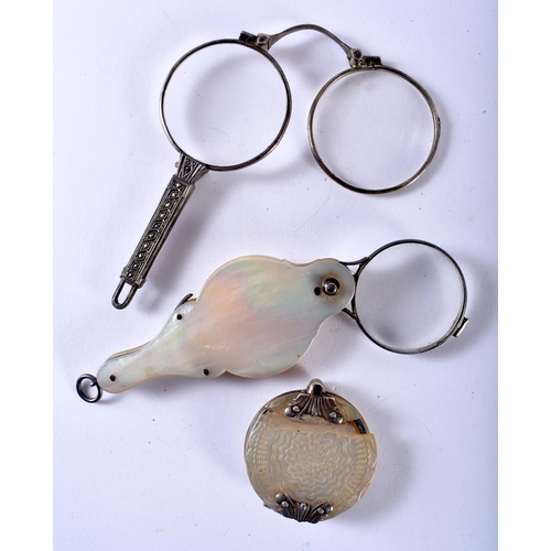 129 - Two Antique Silver Monocles with Mother of Pearl Cases and a Pair of Lorgnettes.  Stamped 800, 925 a... 