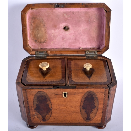 13 - AN UNUSUAL GEORGE III MAHOGANY RECTANGULAR FORM TEA CADDY overlaid with panels of flowers and trees,... 