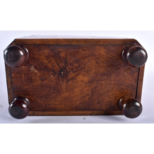 13 - AN UNUSUAL GEORGE III MAHOGANY RECTANGULAR FORM TEA CADDY overlaid with panels of flowers and trees,... 