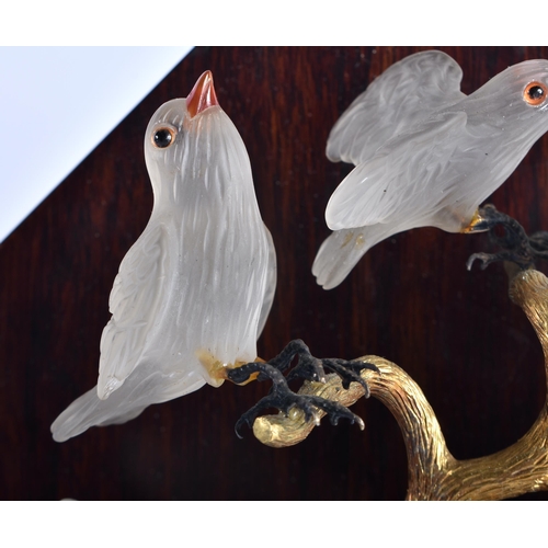 130 - A VERY UNUSUAL ART DECO LAPIS LAZULI AND FROSTED GLASS MANTEL CLOCK formed with five birds perched u... 