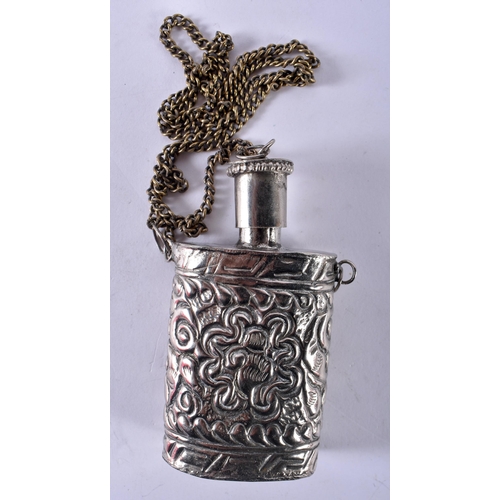 169 - An Embossed White Metal Handbag with Velvet Lining together with two Snuff/Scent bottle pendants.  L... 