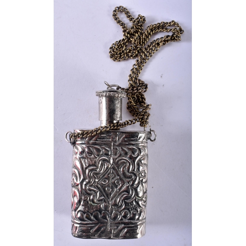 169 - An Embossed White Metal Handbag with Velvet Lining together with two Snuff/Scent bottle pendants.  L... 