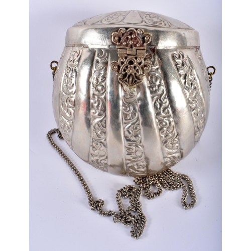 169 - An Embossed White Metal Handbag with Velvet Lining together with two Snuff/Scent bottle pendants.  L... 