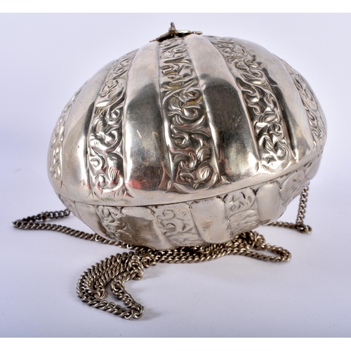 169 - An Embossed White Metal Handbag with Velvet Lining together with two Snuff/Scent bottle pendants.  L... 