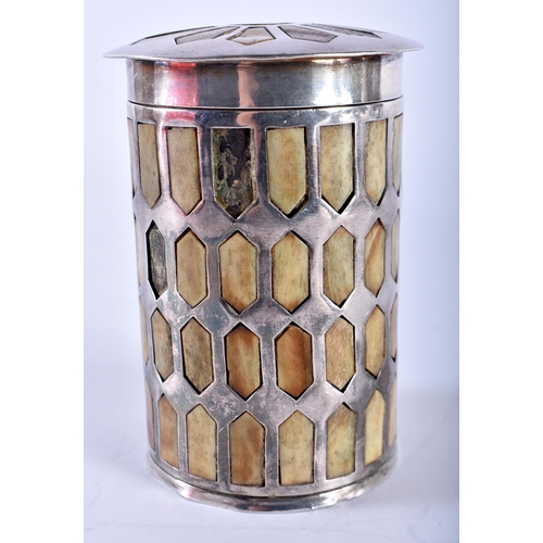 181 - A Continental Silver Tea Caddy / Box and Cover with Bone Insets.  10cm x 6.8 cm, weight 169g