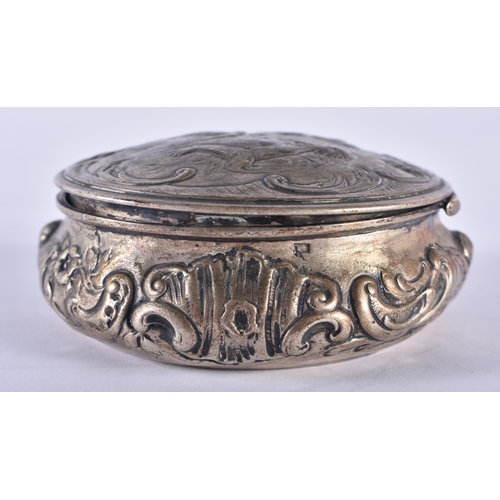 197 - A Continental Silver Snuff Box with Embossed Classical Scene on lid. Stamped 800, 8 cm x 3.2cm, weig... 