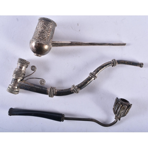 198 - Three Silver Opium Pipes.  XRF Tested for purity 850, 930 and 925.  Largest 8 cm x 3.2cm, total weig... 