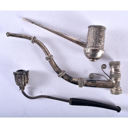 198 - Three Silver Opium Pipes.  XRF Tested for purity 850, 930 and 925.  Largest 8 cm x 3.2cm, total weig... 