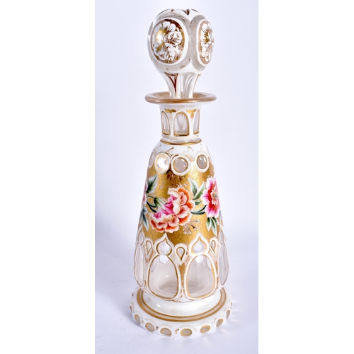 20 - A 19TH CENTURY BOHEMIAN GLASS SCENT BOTTLE AND STOPPER overlaid with white enamel and gilt panels, p... 