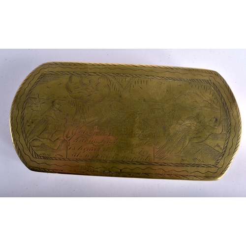 28 - AN 18TH CENTURY DUTCH BRASS AND COPPER RECTANGULAR SNUFF BOX AND COVER engraved with erotic scenes w... 