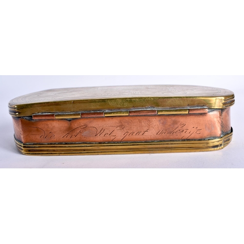 28 - AN 18TH CENTURY DUTCH BRASS AND COPPER RECTANGULAR SNUFF BOX AND COVER engraved with erotic scenes w... 