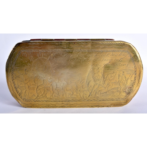 28 - AN 18TH CENTURY DUTCH BRASS AND COPPER RECTANGULAR SNUFF BOX AND COVER engraved with erotic scenes w... 