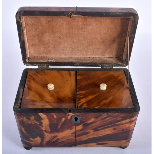 2 - AN EARLY REGENCY CARVED TORTOISESHELL TEA CADDY of rectangular form, with vacant cartouche, twin com... 