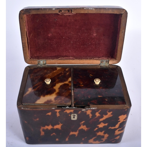 3 - A REGENCY CARVED TORTOISESHELL TEA CADDY of plain rectangular form, with vacant cartouche & twin com... 