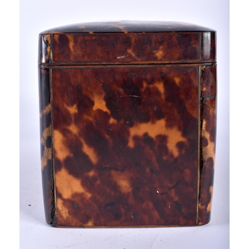 3 - A REGENCY CARVED TORTOISESHELL TEA CADDY of plain rectangular form, with vacant cartouche & twin com... 