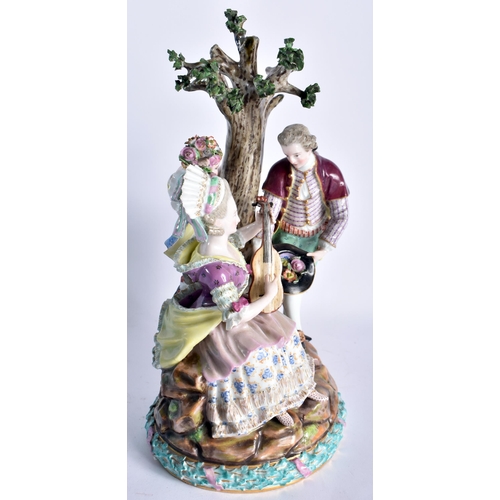 42 - A LARGE 19TH CENTURY MEISSEN PORCELAIN FIGURAL GROUP modelled as a cavalier beside a female playing ... 