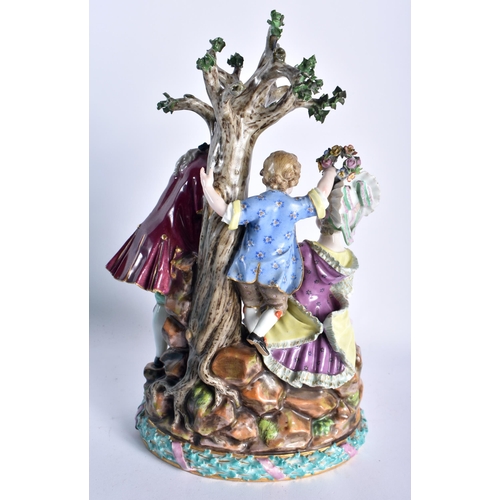 42 - A LARGE 19TH CENTURY MEISSEN PORCELAIN FIGURAL GROUP modelled as a cavalier beside a female playing ... 