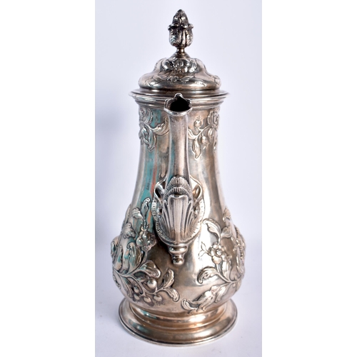 43 - A GOOD GEORGE III SILVER CHOCOLATE POT by Fuller White, decorated in relief with repousse foliage, t... 