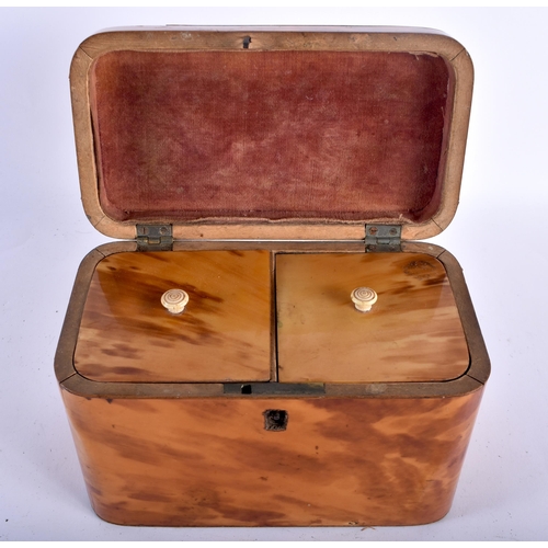 4 - A REGENCY CARVED TORTOISESHELL TEA CADDY of plain rectangular form, with engraved cartouche & twin c... 