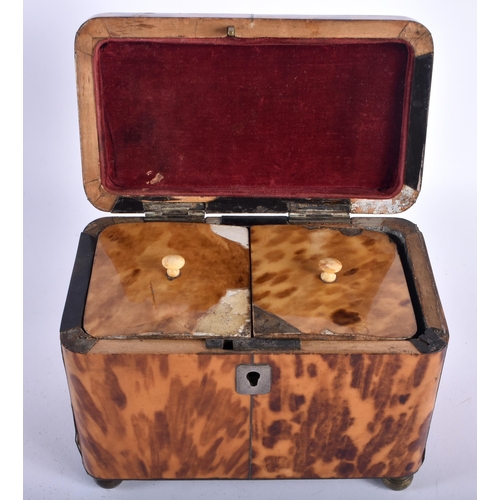 5 - A REGENCY CARVED TORTOISESHELL TEA CADDY of plain rectangular form, with vacant cartouche, wire work... 