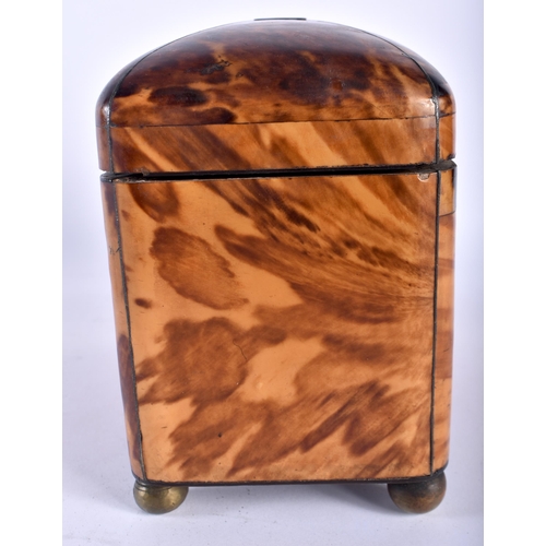 5 - A REGENCY CARVED TORTOISESHELL TEA CADDY of plain rectangular form, with vacant cartouche, wire work... 