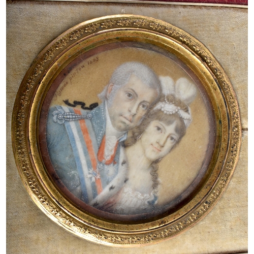 54 - Romelo Pinton (18th/19th Century) Portrait Miniature, Male and female, within a gilt metal floral ca... 