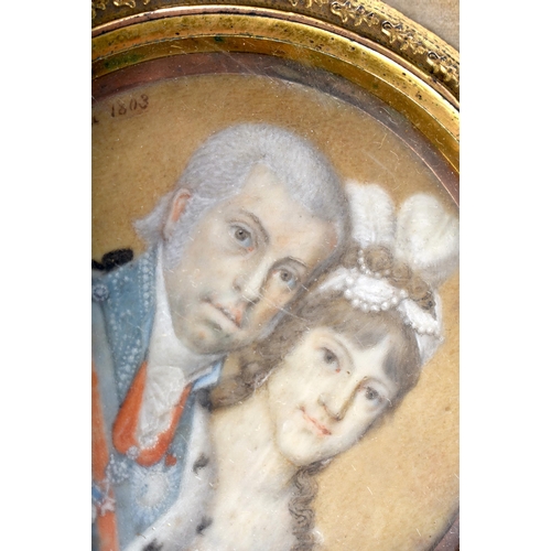 54 - Romelo Pinton (18th/19th Century) Portrait Miniature, Male and female, within a gilt metal floral ca... 