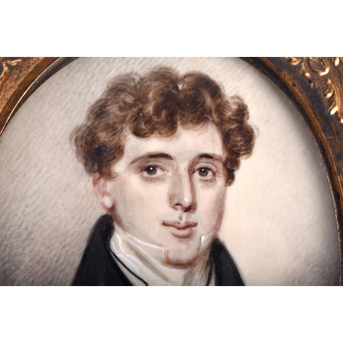 56 - Manner of Louis de Wiederkehr (Born 1834) Portrait Miniature, Male wearing a black jacket, giltwood ... 